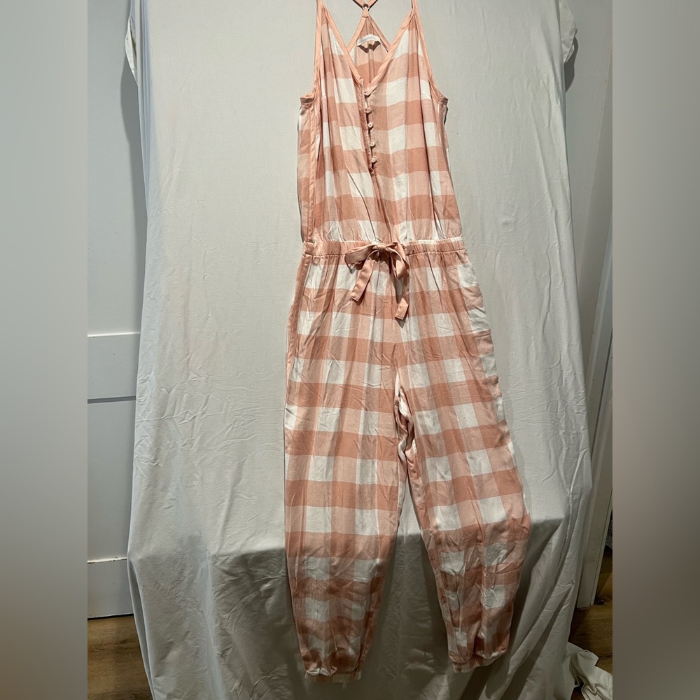 Abercrombie & Fitch Pink White Plaid Tie Waist Jumpsuit Button Front Medium